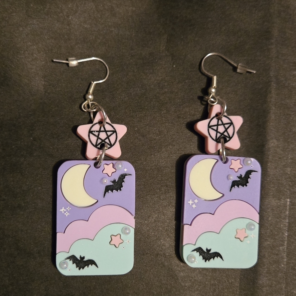 Pastel Moon and Bat Earrings